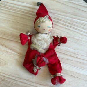 Vintage 50's Red Santa Elf Doll With Gold Ribbon Bell Hat Articulated Bendable